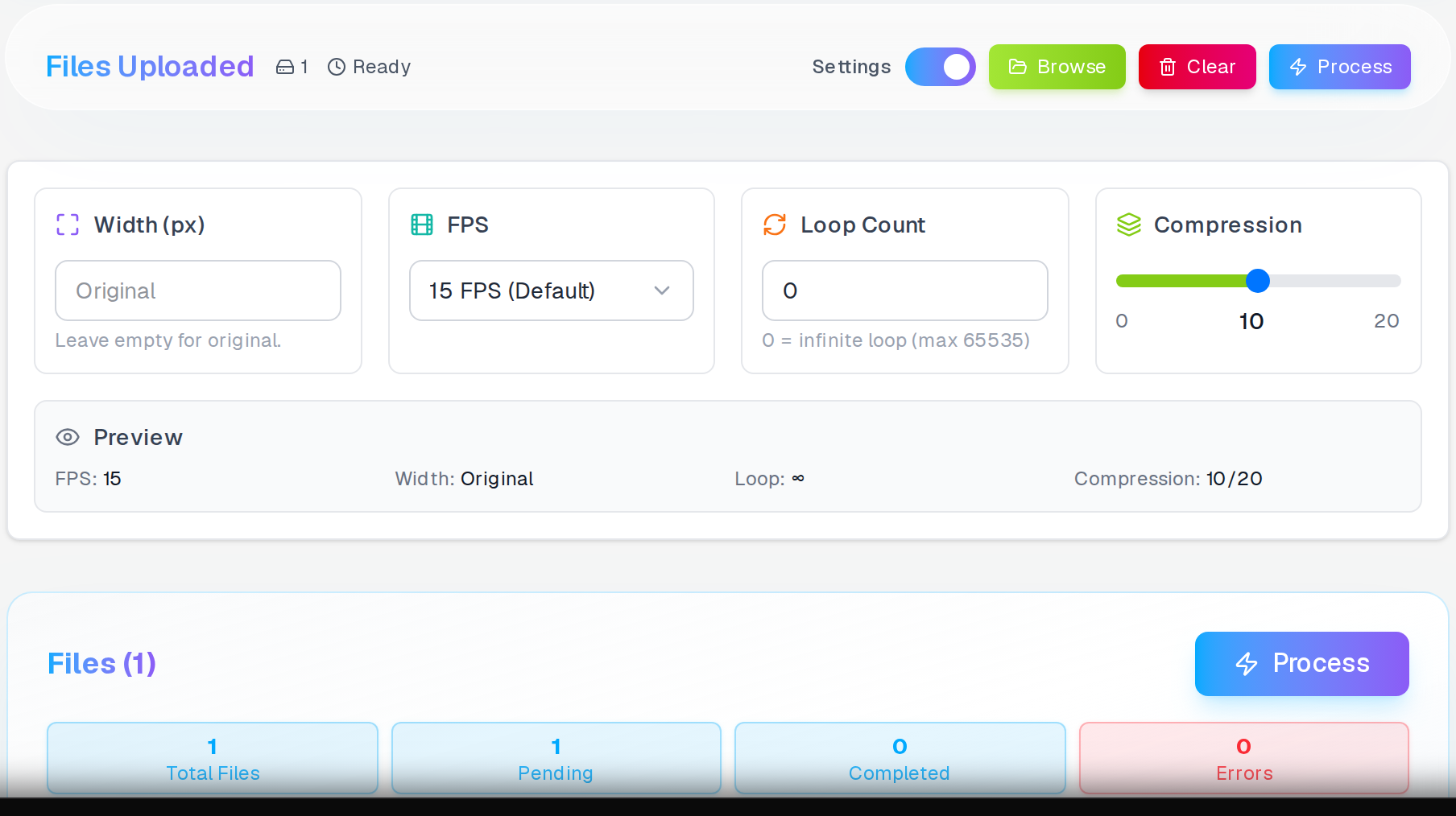 APNG to GIF converter — button-spinner.apng loaded and ready to convert