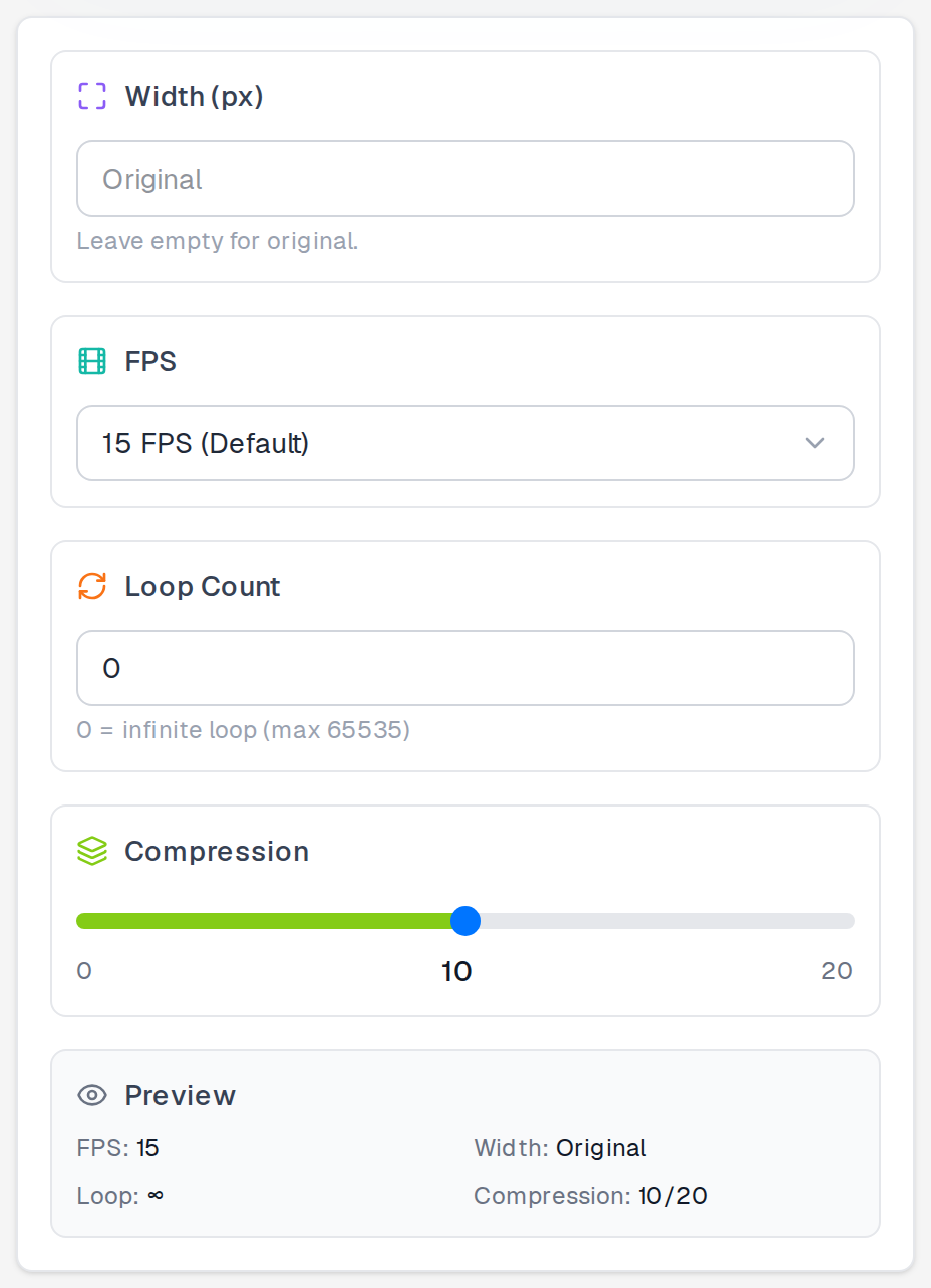 APNG to GIF loop-count settings card open