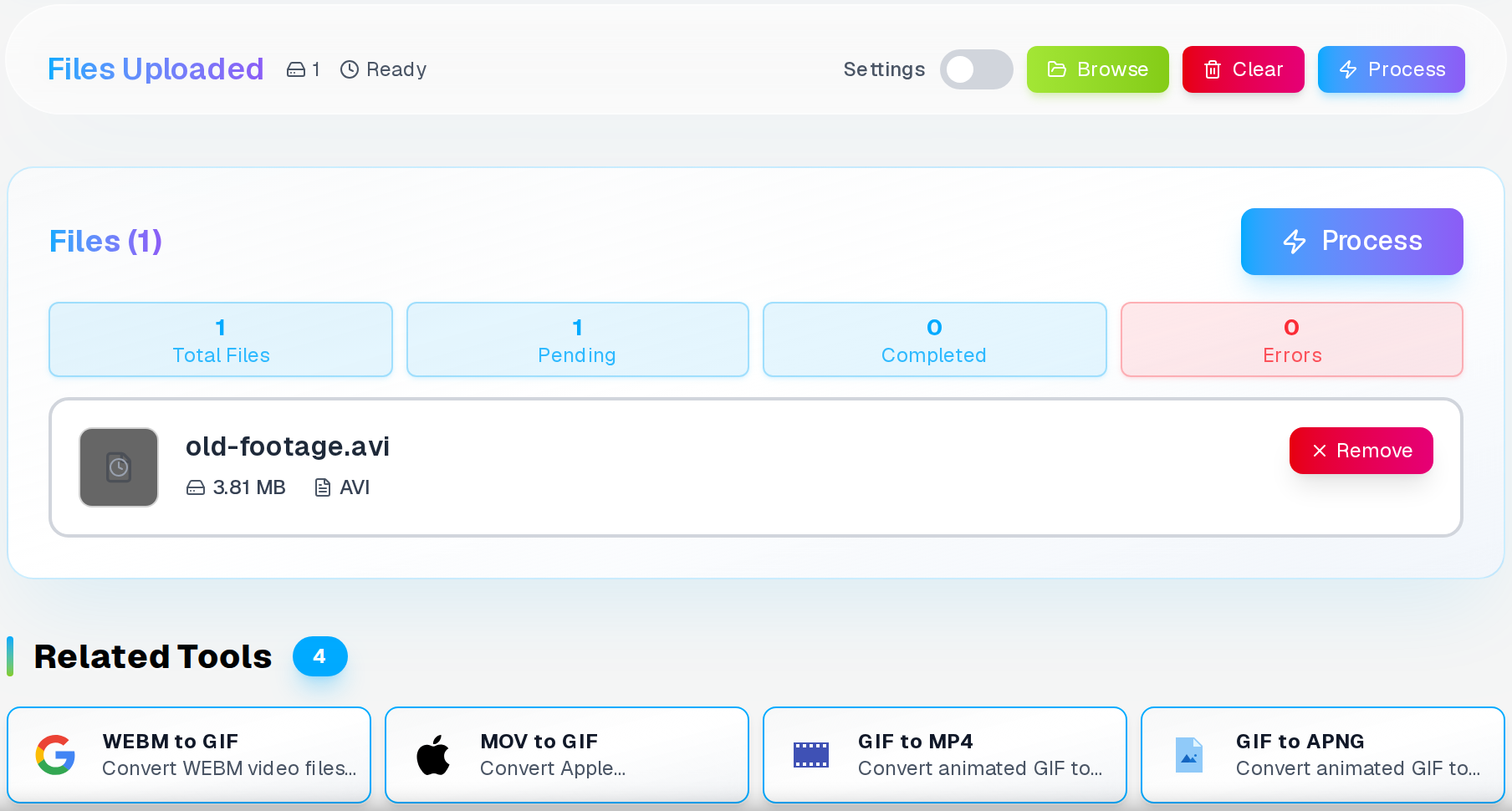 AVI to GIF settings panel — 15fps, 640px width, compression 10