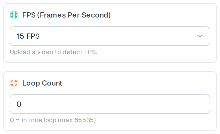 AVI to GIF FPS and loop settings cards stacked