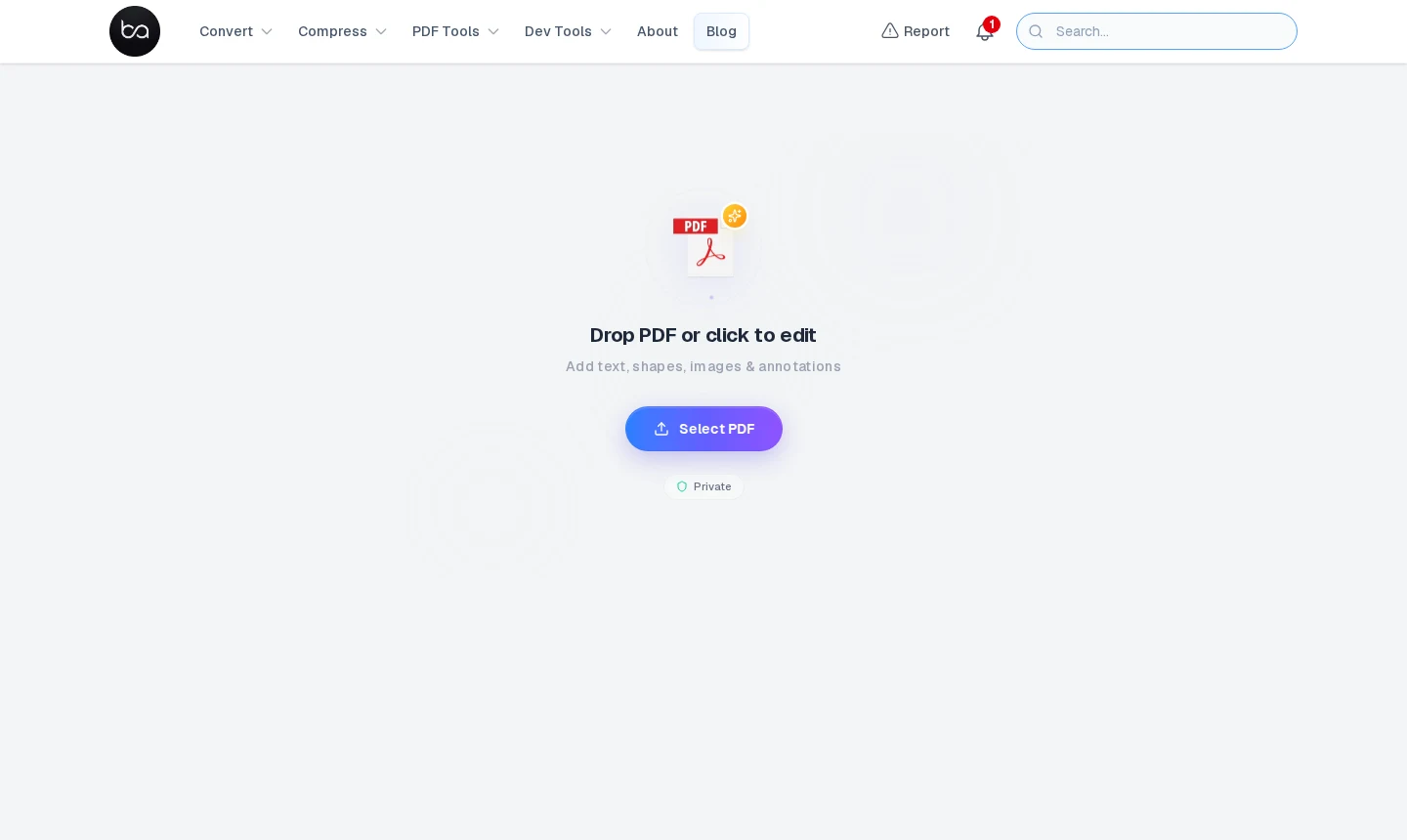 BasicApps PDF editor upload page — drop any PDF to start editing instantly in the browser