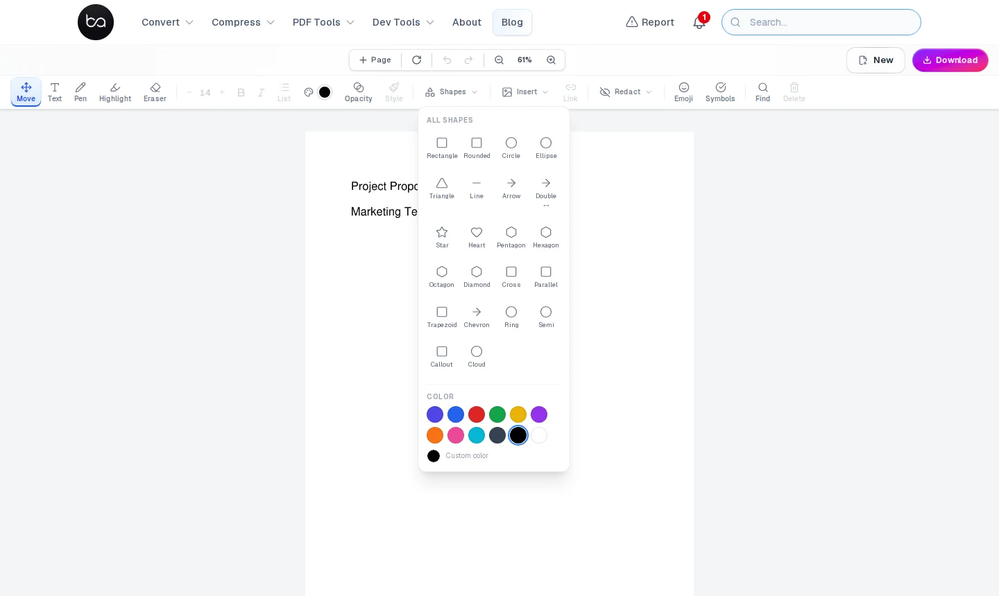 Shapes panel open in the editor showing 18 shape types including Rectangle, Circle, Arrow, Star, Heart, Cloud and more