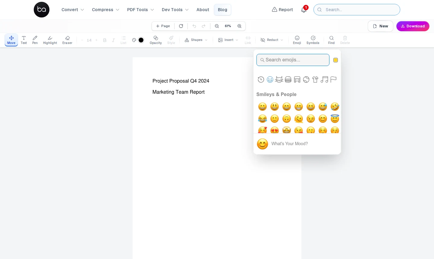 Emoji picker open in the PDF editor with search bar, category tabs, and a grid of Smiley and People emojis