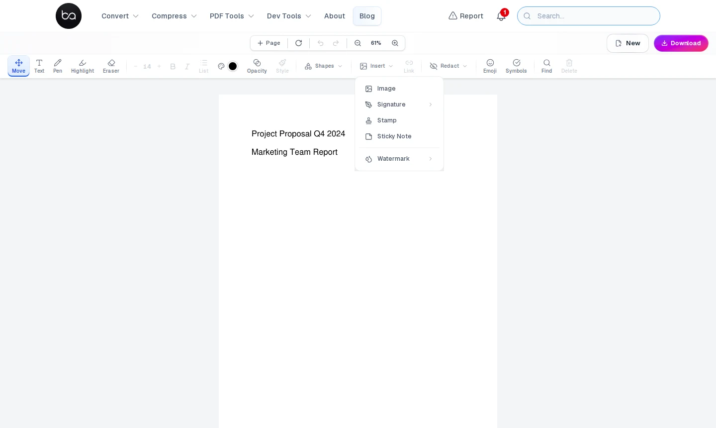 Insert dropdown open in the PDF editor showing Image, Signature, Stamp, Sticky Note and Watermark options