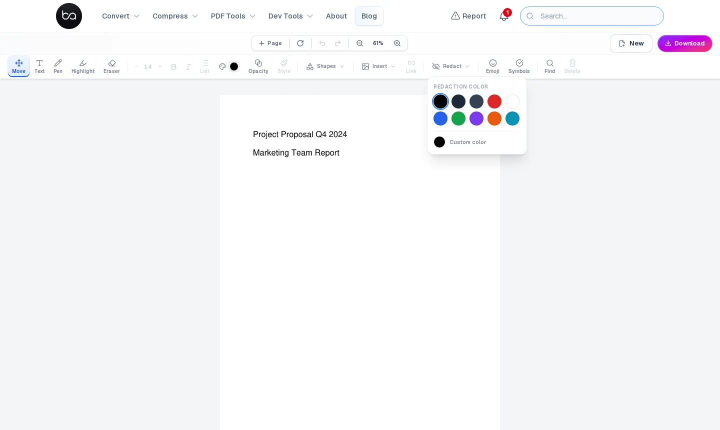 Redact tool open in the PDF editor showing a color picker with 9 redaction colors including black, charcoal, red, and white