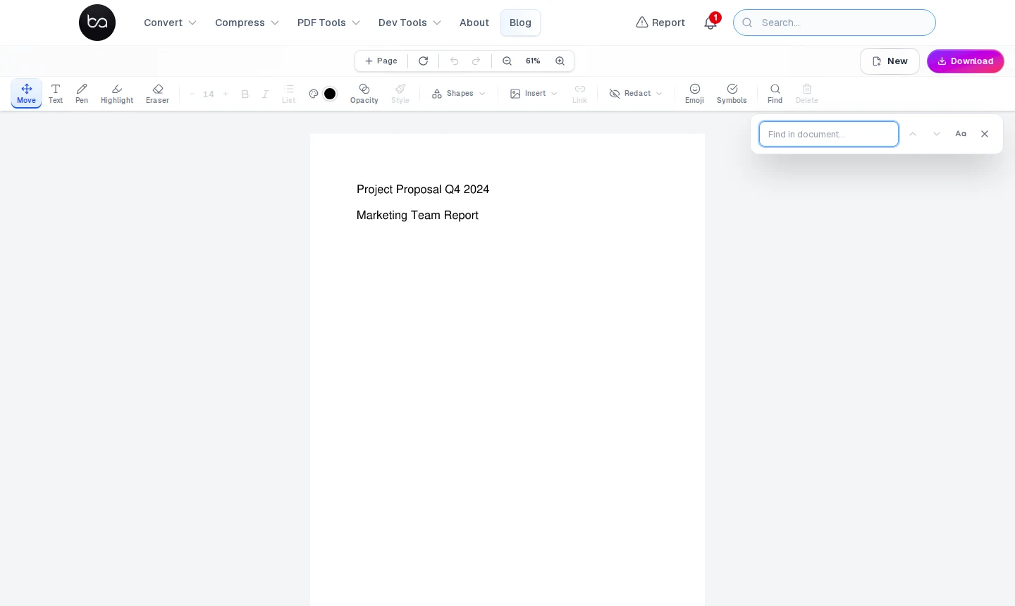 Find and Replace panel open in the PDF editor — a search input appears at the top-right of the canvas
