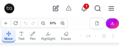 PDF editor on a 390px mobile viewport — compact toolbar with Move, Text, Pen, Highlight, Eraser tools visible