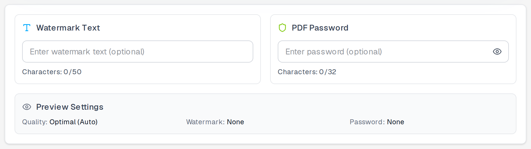 EPUB to PDF settings — A4 page size, no watermark, no password