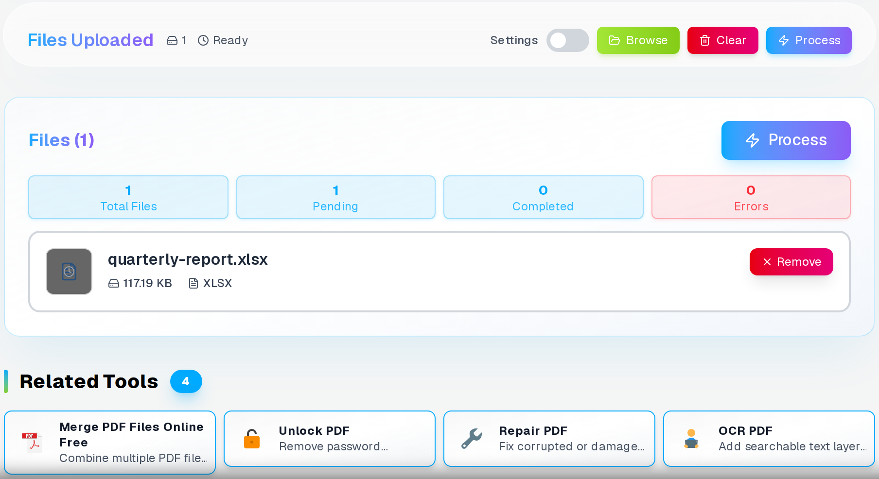 Excel to PDF converter — quarterly-report.xlsx loaded