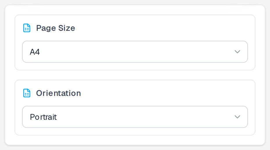 Excel to PDF settings panel showing page size and orientation controls