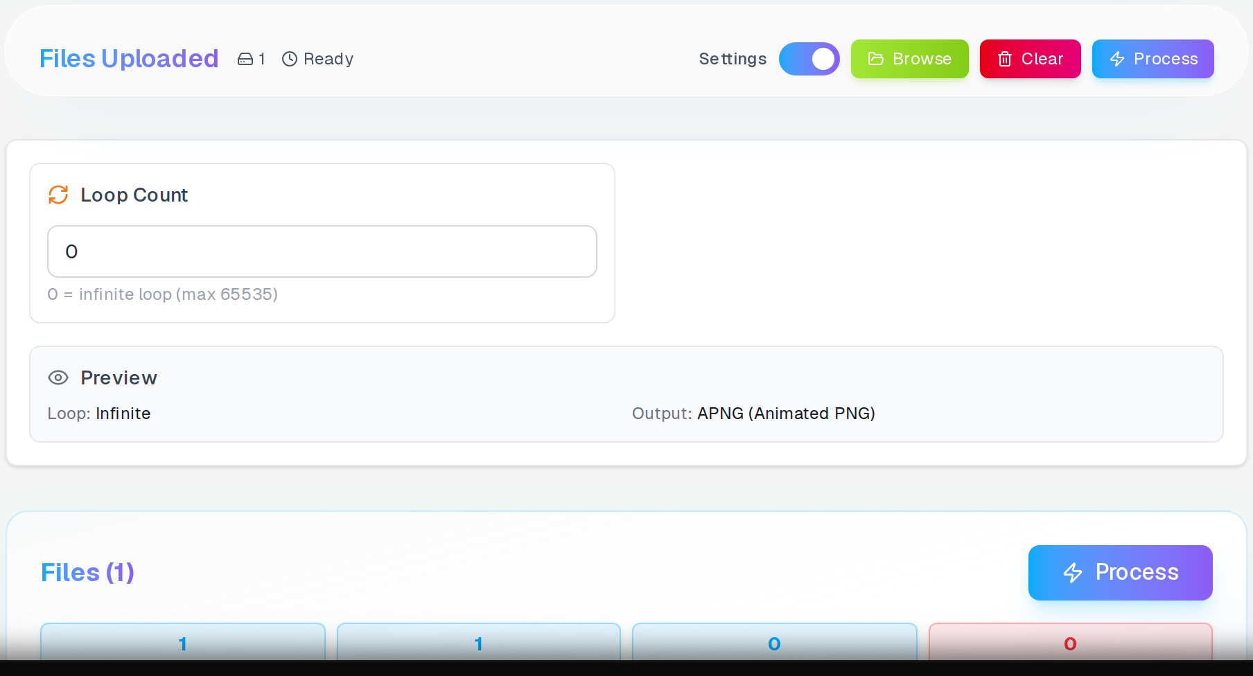 GIF to APNG converter — loading-spinner.gif staged and ready to convert