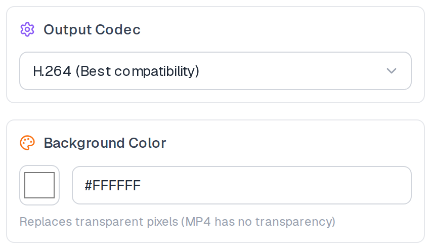 GIF to MP4 codec selection and background colour cards