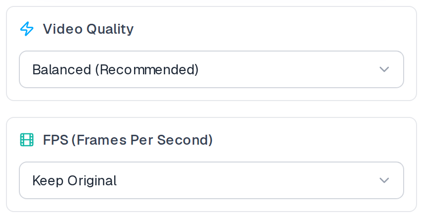 GIF to MP4 quality and FPS setting cards stacked