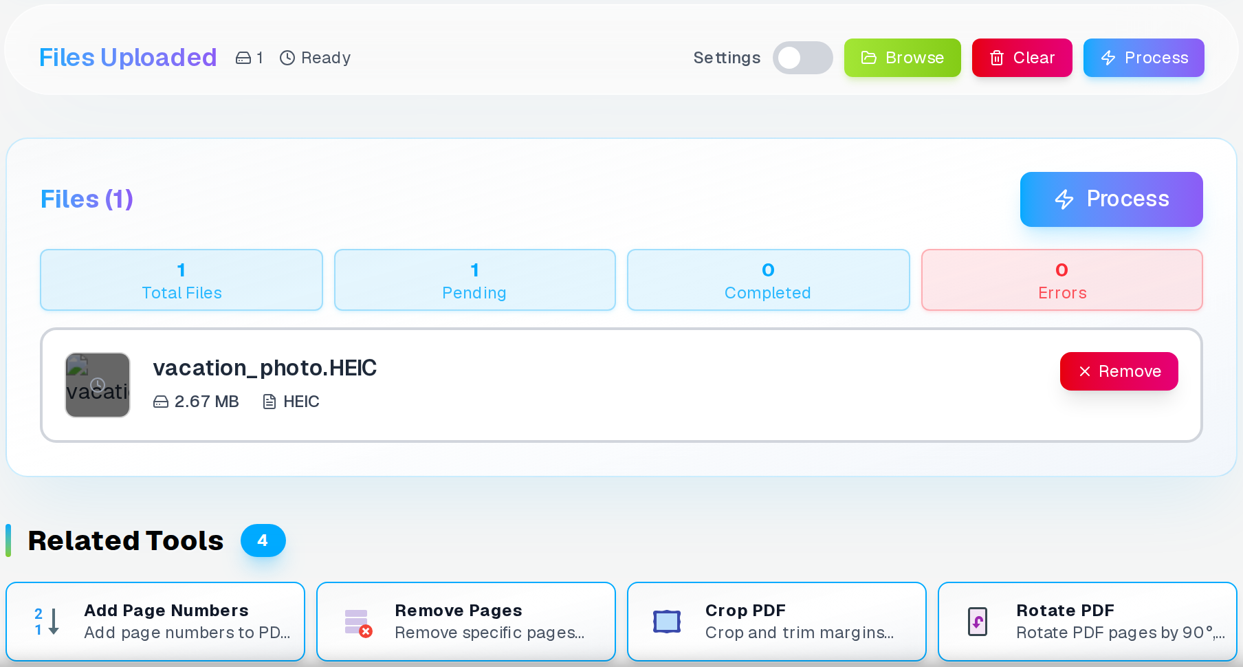 HEIC to PDF converter showing a loaded iPhone photo ready for conversion