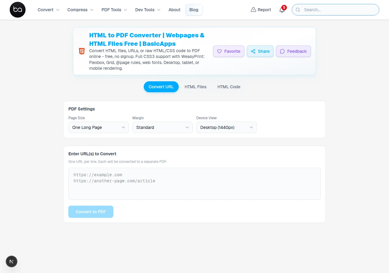 HTML to PDF tool with URL input showing a live web address