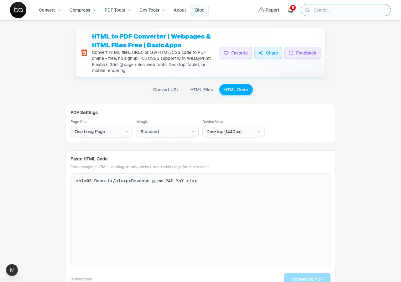 HTML to PDF code editor mode with sample HTML entered