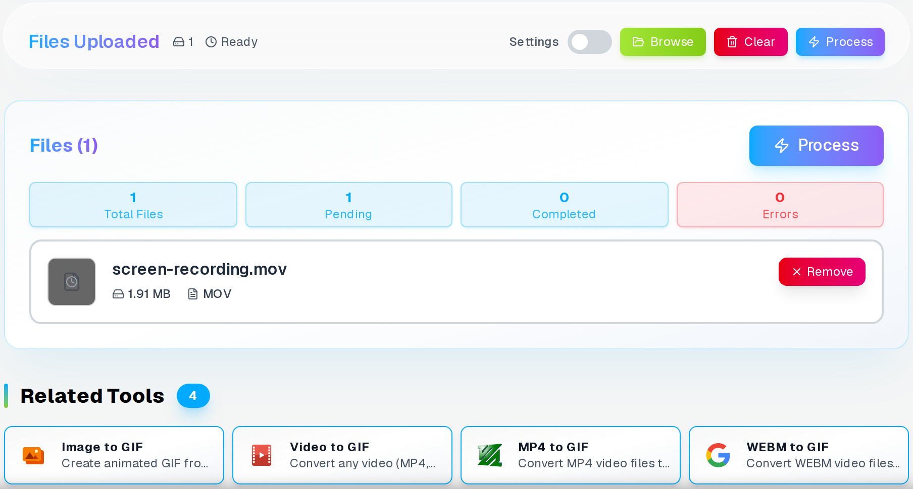 MOV to GIF settings — 15fps, 640px width, infinite loop