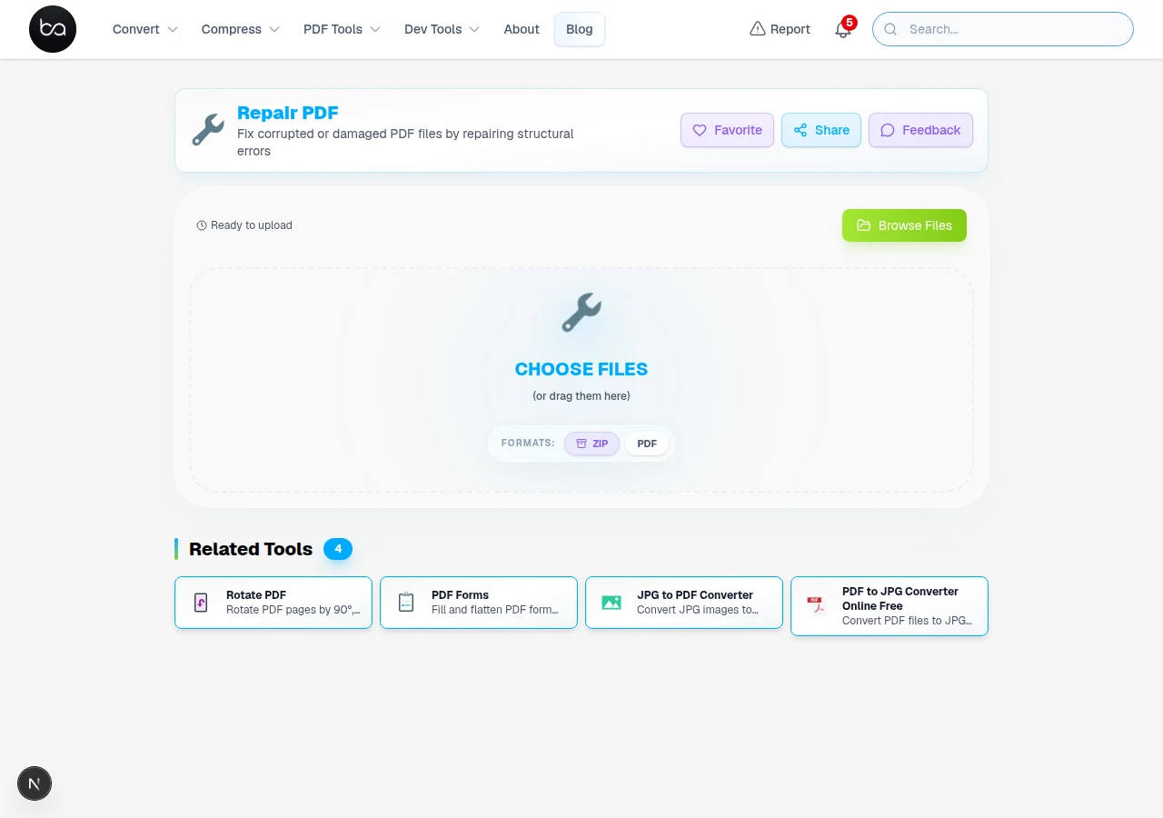 PDF Repair Tool ready to receive a corrupted file