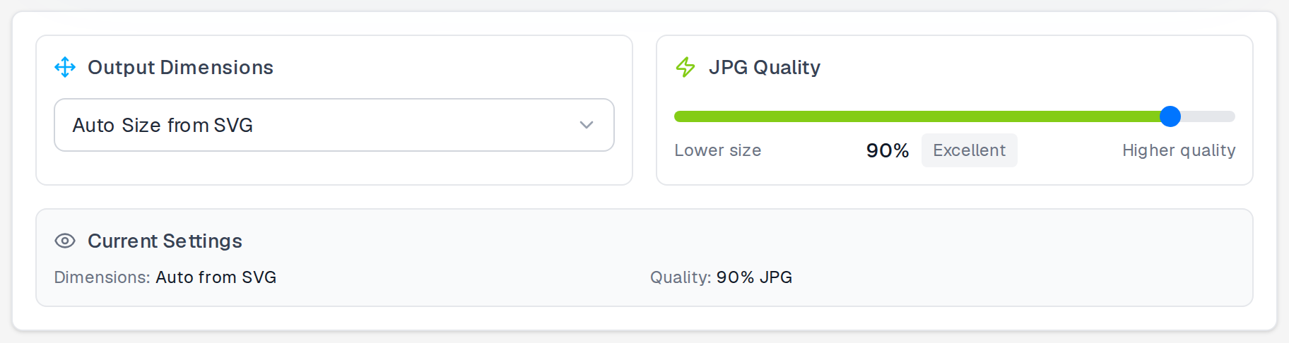 SVG to JPG settings — 1200px wide, 90% quality, white background