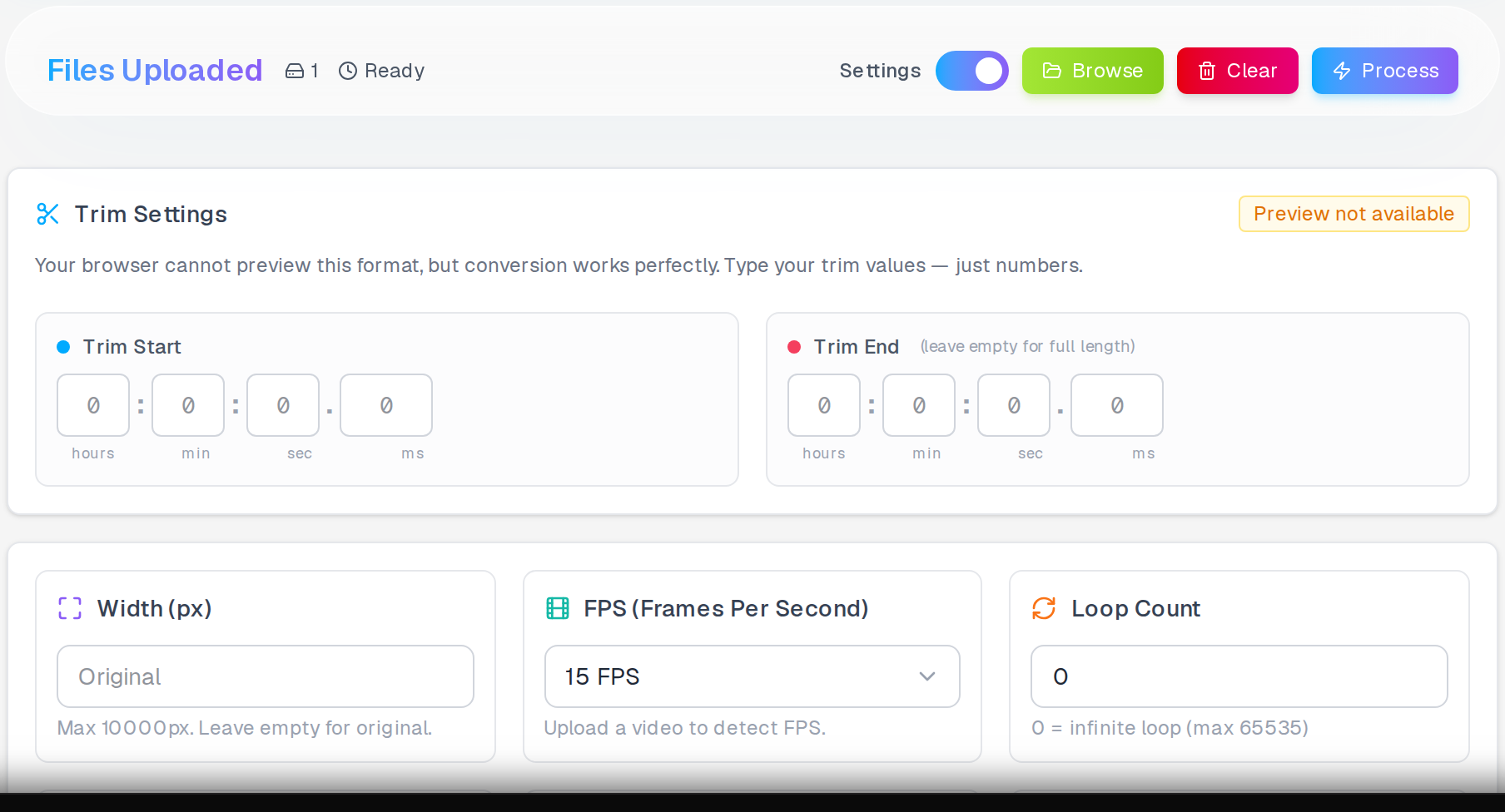 Video to GIF converter — tutorial-clip.mp4 loaded and ready