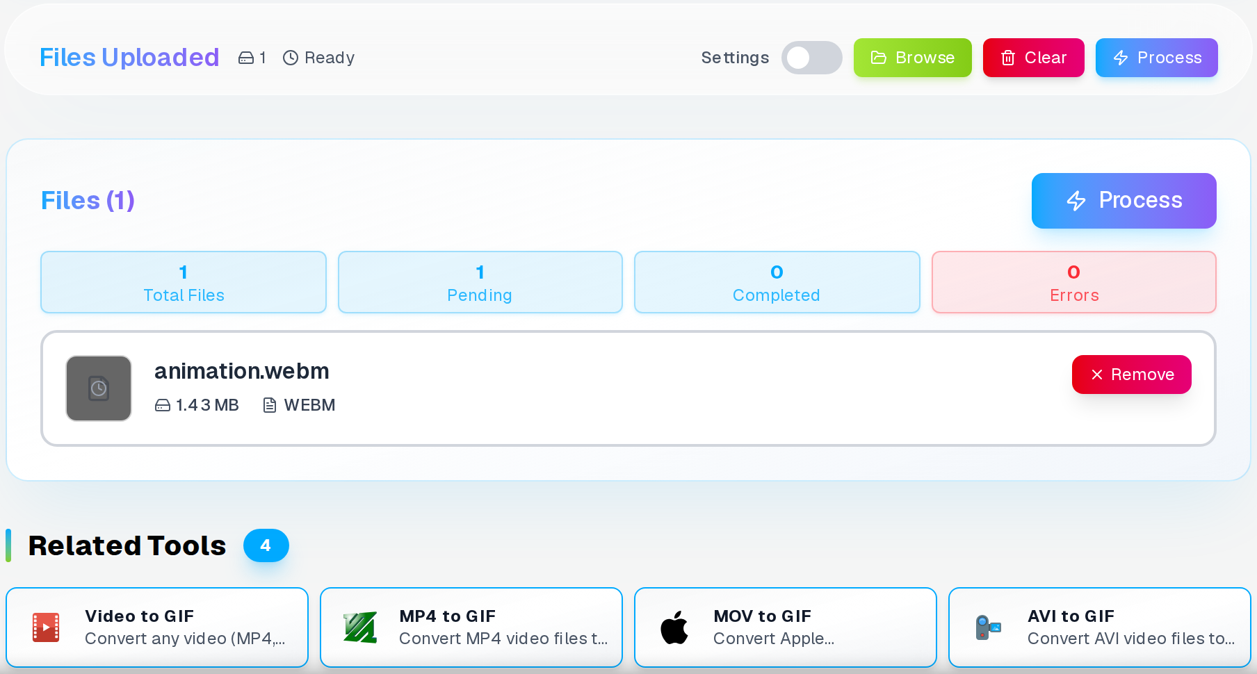 WebM to GIF settings — 20fps, 960px width, alpha channel preserved